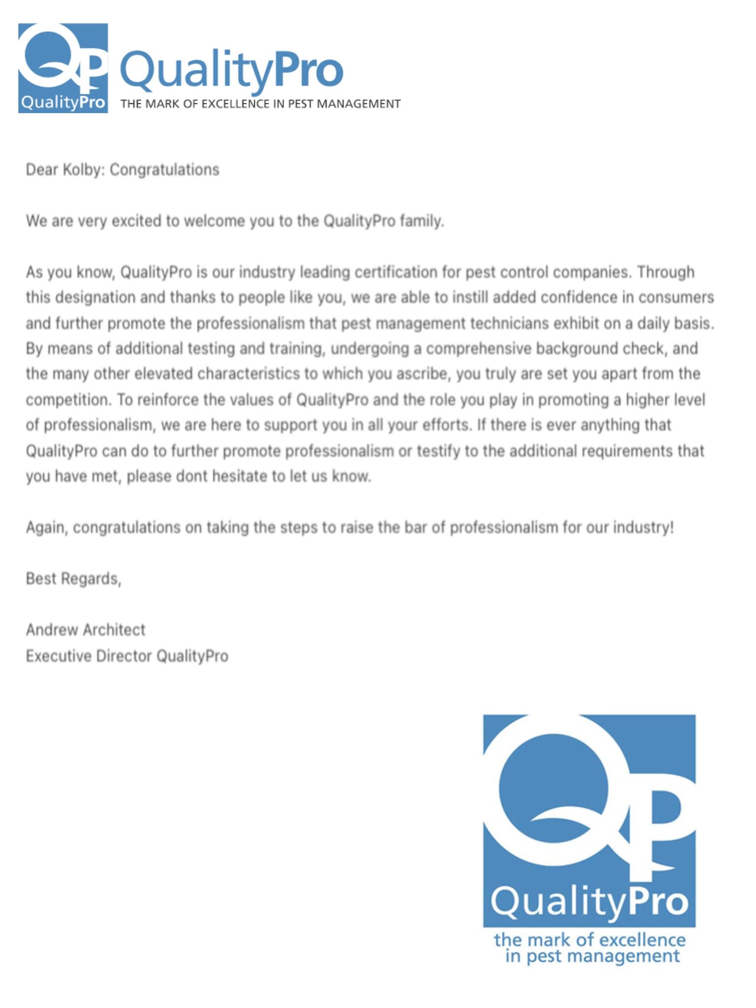Welcome letter from QualityPro congratulating Kolby on certification in pest management.